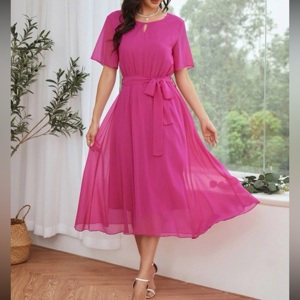 Boho hot pink belted chiffon dress - Picture 4 of 6